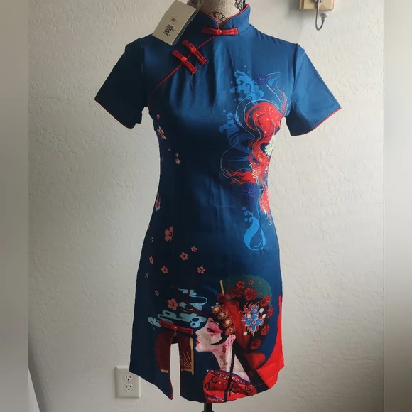 🆕 Authentic Chinese Blue & Red Qipao midi Dress Koi fish cherry blossom fans_Sm - Picture 2 of 11